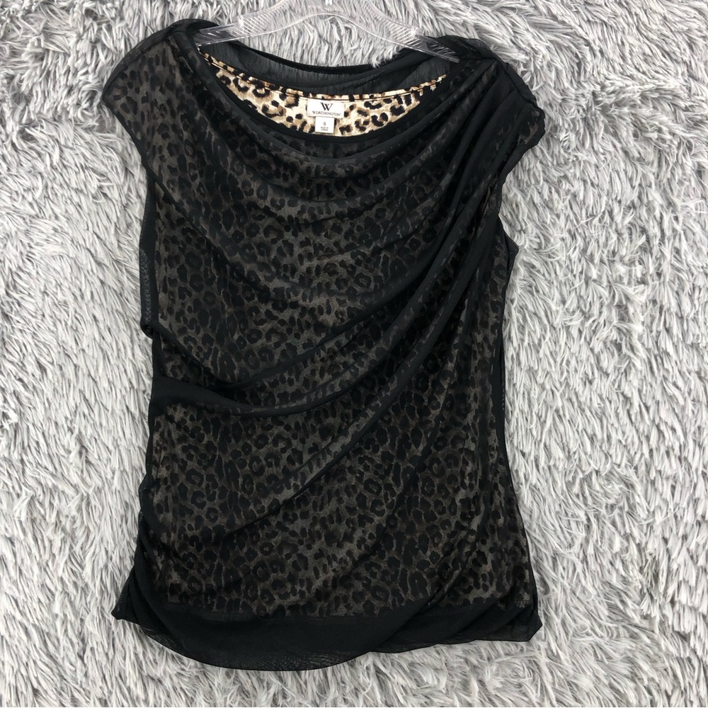 Worthington Blouse Womens Small Cheetah Print Black Overlay Rouche Side